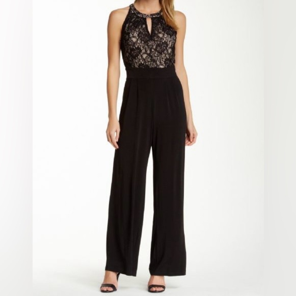 London Times Black Lace Halter Wide Leg Jumpsuit Evening Formal Size S